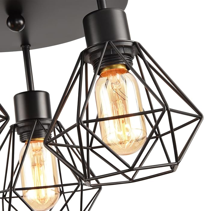 3 Lights Industrial Ceiling Light Fixtures,Iron Cage Ceiling Lamp Pendant Lighting,3-Light Close to Ceiling Light Fixtures, Modern Chandelier for Bedroom Entryway Kitchen Hallway