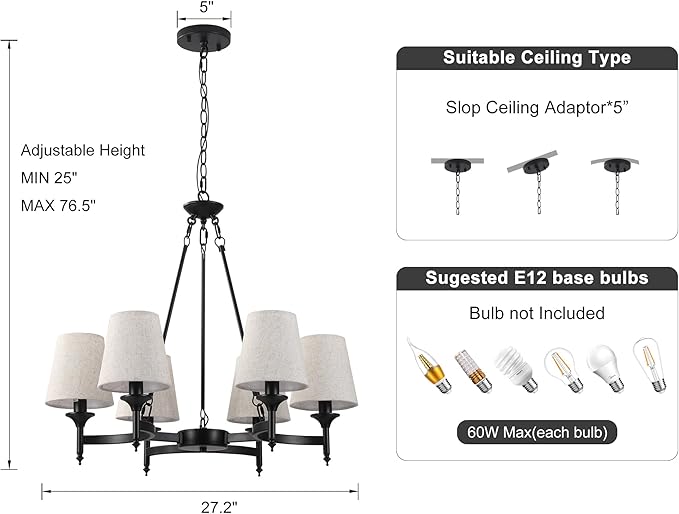 Black Industrial Farmhouse Chandelier, 27.2" 6-Light Pendant Light with Linen Fabric Shades, Adjustable Hanging Fixture for Kitchen Island Dining Room Bedroom Entryway
