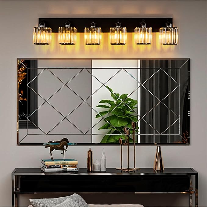 Modern Black Crystal Bathroom Vanity Light for Bathroom 6 Light Vanity Lighting Fixtures Over Mirror Wall Sconce