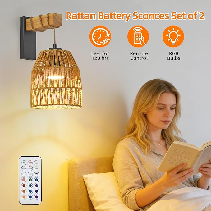 Boho Battery Operated Wall Sconce Set of Two, Rattan Rechargeable Wall Sconces with Remote,Wireless Sconces Set of 2 for Bedroom,Living Room,Entryway 15 Colors Dimmable-Matte Black
