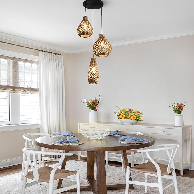 3-Lights Rattan Pendant Light Fixture,Boho Hand Woven Wicker Seagrass Farmhouse Ceiling Hanging Lighting,for Kitchen Island Dining Room, Restaurant, Hallway, Foyer,