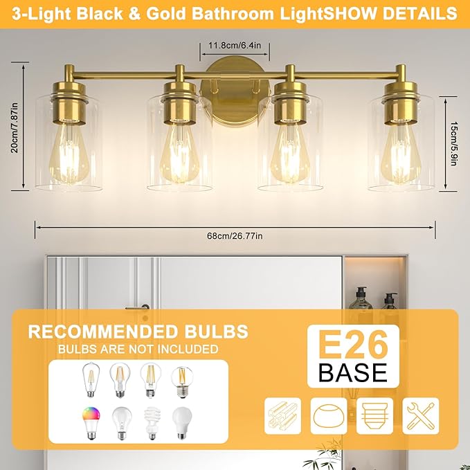 ChangM Bathroom Vanity Light Fixtures 4-Light, Brushed Gold Bathroom Light Fixture Over Mirror with Clear Glass Shade, Bathroom Wall Sconce Lamp for Living Room Porch Hallway(Not Incloud Bulb)