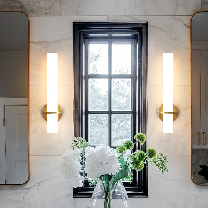 AIJIASI Gold Bathroom Wall Sconces Set of 2: 18 Inch Modern Sconces Wall Lighting 18W LED Dimmable Wall Light with Acrylic Lampshade, Brushed Gold Sconces for Bedroom Living Room Hallway (Hardwired)