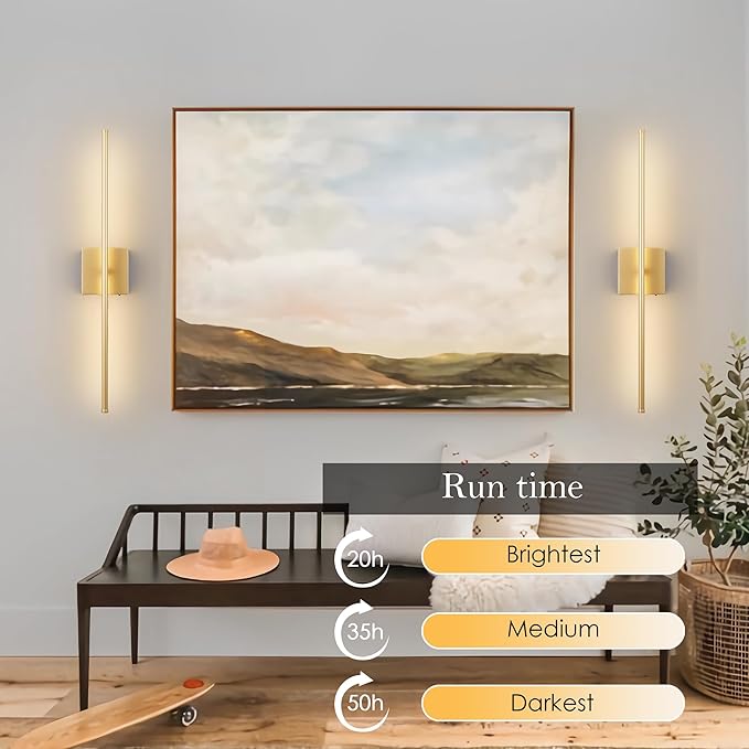 KARTOOSH Battery Operated Wall Sconces with Remote Control, Dimmable Wall Sconces Set of Two, 350°Rotate, 3000K LED Gold Wireless Wall Light for Living Room, Hallway, Bedroom, 24.4 Inch (2 Pack)
