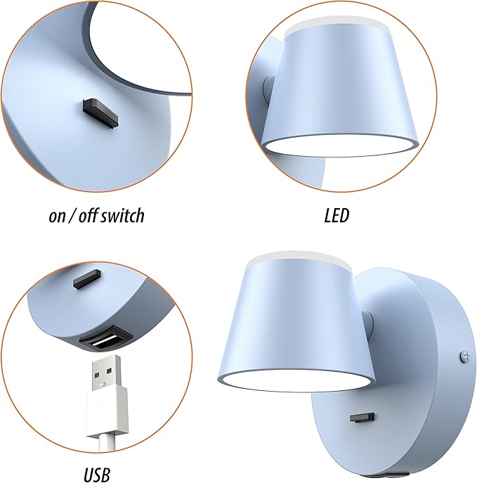 URSOLA Wall Light Set of Two, LED Wall Sconce with On/Off Switch USB Charging Port 110 Volt Hardwired Wall Lamp 350 Rotatable Up Down Sconces Wall Lighting (Blue)