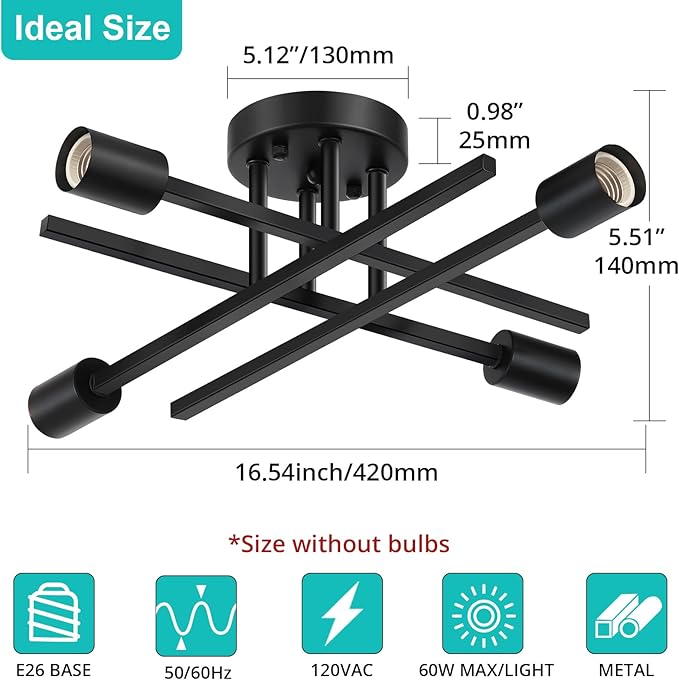 SunRider Industrial 4-Light Semi Flush Mount Ceiling Light Fixture, Indoor Farmhouse Lights Matte Black, Rustic Sputnik Chandelier for Kitchen, Large