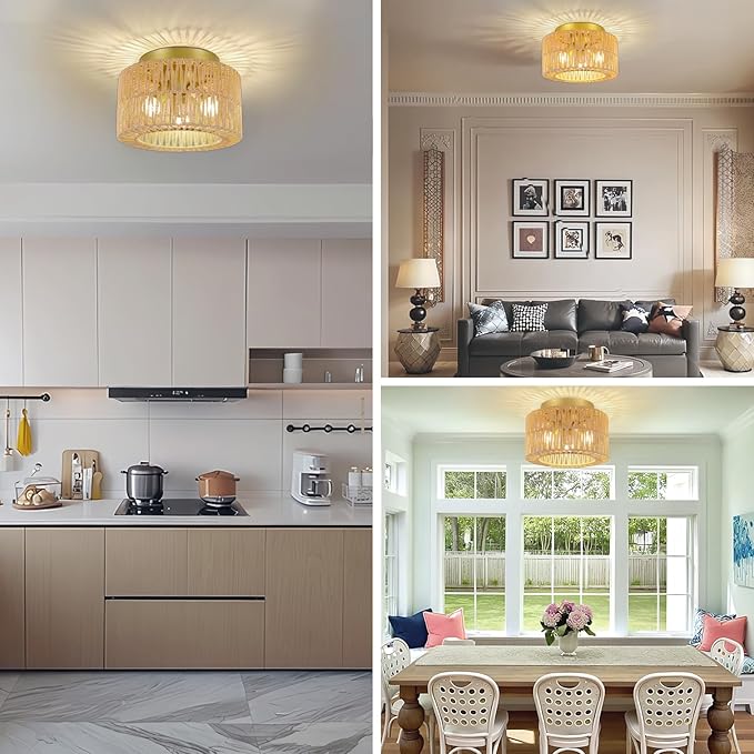 Boho 3-Light Farmhouse Rattan Ceiling Light, Gold Flush Mount with Hand-Woven Shade, Modern Chandelier for Living, Bedroom, Entryway, Kitchen Isalnd