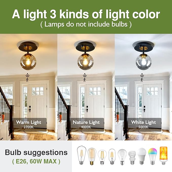 SZXYKEJI Motion Sensor Light Indoor 1-Light Mini Glass Globe Ceiling Light Fixture Modern Black Semi Flush Mount Light for Hallway Entryway Porch Stairway Closet