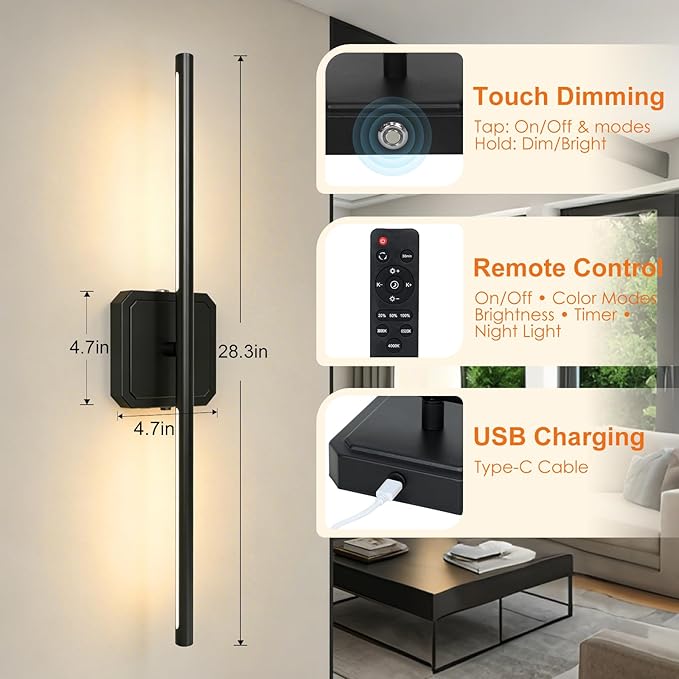 Battery Operated Wall Sconces Set of 2, 𝐔𝐩𝐠𝐫𝐚𝐝𝐞𝐝 Rechargeable Wall Lights with Remote Control, LED Wall Sconces Black, 3000K-6000K Dimmable 360° Rotatable for Living Room, Bedroom, 28''