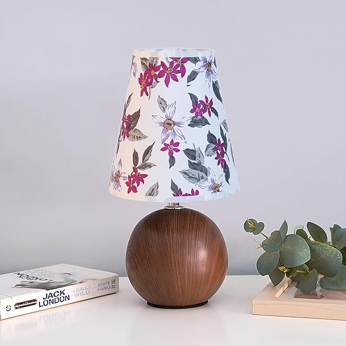 Vintage Wooden Base Fabric Table Lamp, Adjustable Light Color and Brightness with Power-Off Memory, Safe USB Powered, Retro Style LED Light for Bedroom Living Room Office (Red Flowers)