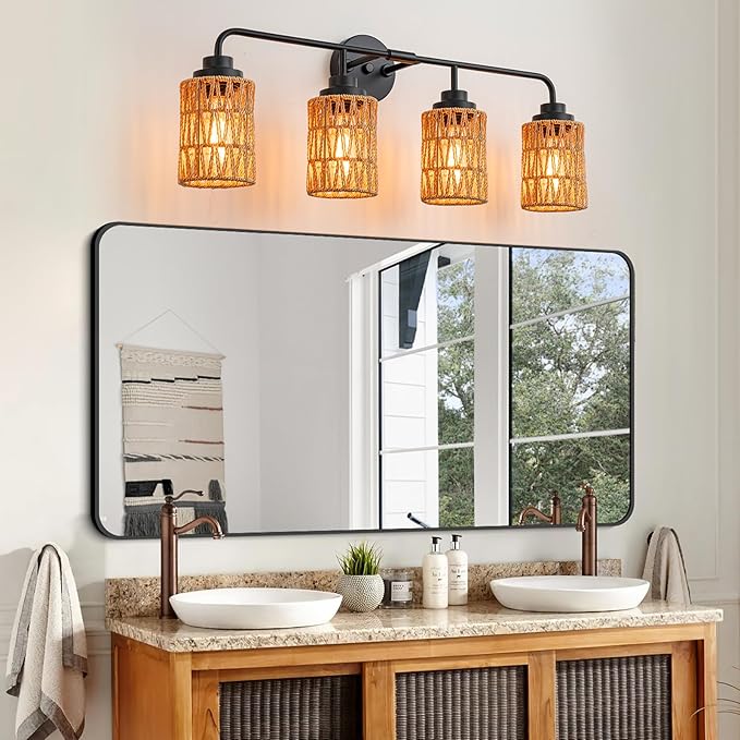 Bathroom Vanity Light, 4-Lights Boho Bathroom Light Fixtures Over Mirror with Rustic Handwoven Shades 30 inch Farmhouse Wall Sconce Lighting