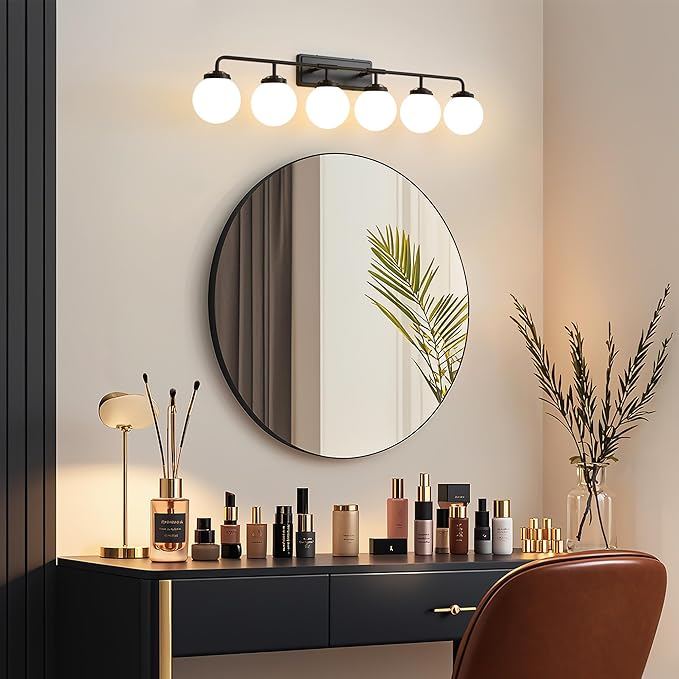 Bathroom Light Fixtures Over Mirror, 6-Light Matte Black Vanity Lighting with Milk White Glass Globe Shades Modern Wall Sconce
