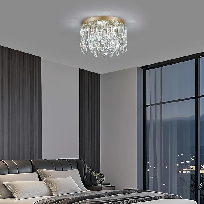 Deckrico 11.8" Gold Crystal Flush Mount Ceiling Light Fixture, Modern Close to Ceiling Chandelier with Tri-Color LED Lighting for Bedroom Hallway Dining Room