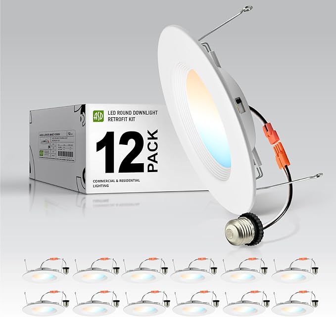 ASD 12 Pack Retrofit LED Recessed Lighting 6 Inch - 12W 2700K-5000K 1078LM Can Lights for Ceiling 6 Inch, Dimmable Recessed Lights, Baffle Trim Wet Rated Wafer Lights, ETL, Energy Star