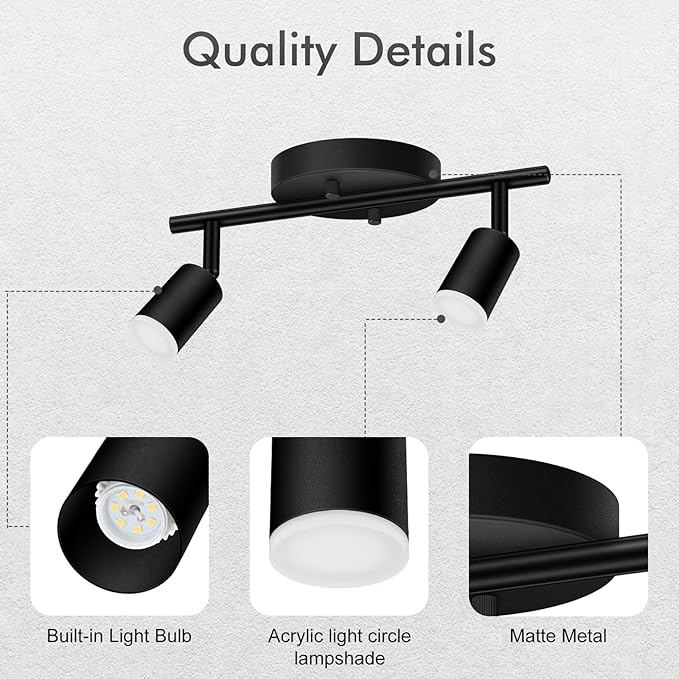 AUQUEE 2 Light Track Lighting Fixtures Ceiling, 8W/2700K Black Track Lighting with Acrylic Lampshade & Rotatable Light Heads, 20000hrs Lifespan, Modern LED Track Lights Ceiling for Kitchen/Hallyway