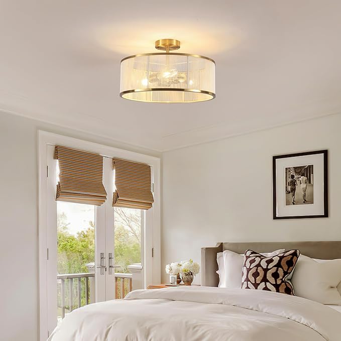 17.3" Boho Gold Semi Flush Mount Ceiling Light Modern Fixtures Ceiling Mount with Hand-Woven Rope Shade 3-Light Drum Lighting Fixtures Close to Ceiling Light for Bedroom Living Room Hallway Kitchen