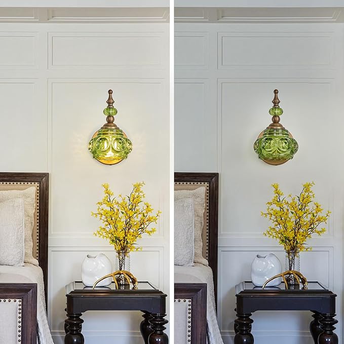 2-Pack Wall Sconces Green + Brass Bathroom Vanity Lighting Fixtures, Vintage Vanity Light Rust-Proof and Durable for Bedroom Living Room Hallway