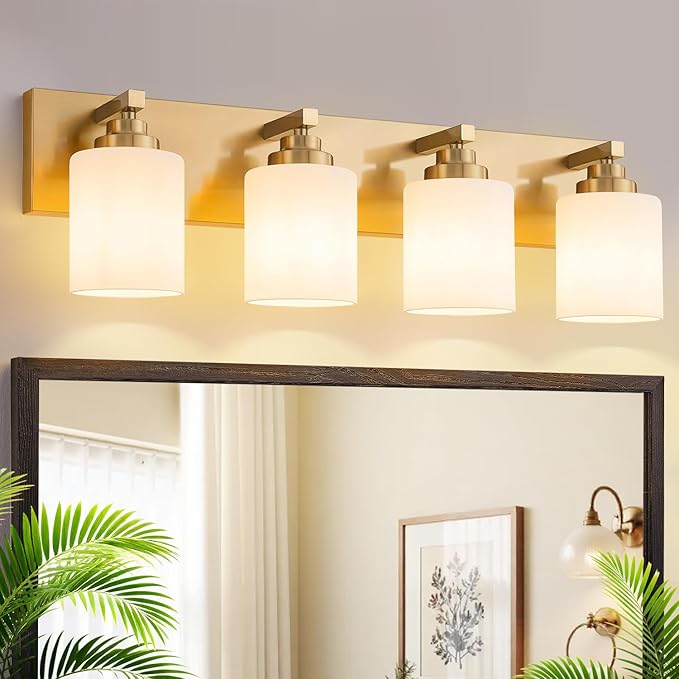Bathroom Vanity Light Fixture, 4-Light Brushed Gold Bathroom Light Fixtures Over Mirror with Milky White Glass Shades, Modern Vanity Lights for Bathroom Living Room Hallway (Bulbs Not Included)