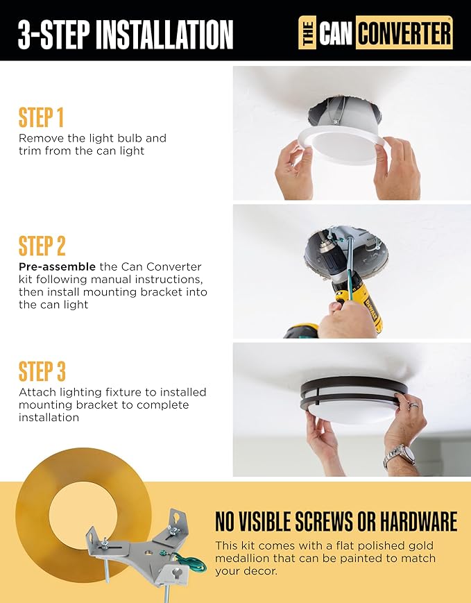 The Can Converter R56 Recessed Can Light Conversion Kit w/ 7"¾ Flat Ceiling Medallion - Home Improvement for 5" & 6" Cans, Converter Kit for Ceiling Fan & Light Fixture, UL Certified, Polished Gold
