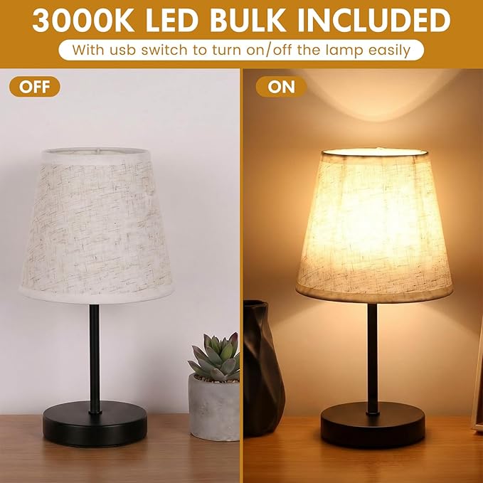 Gerrii 4 Pcs Small Bedside Table Lamp, Wooden Bedroom Tiny Lamp with Linen Shade, Mini Desk Night Light for Bedroom, Living Room, Kids Room Kitchen Counter(Black)