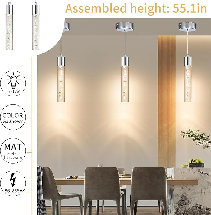 2 Pack Modern LED Pendant Light, Chrome Bubble Hanging Ceiling Lamp Fixture, 3 Color 2700K/4500K/6500K, Small Kitchen Island Chandeliers Over Table for Dining Room, Living Room, Bedroom, Bar, Cafe