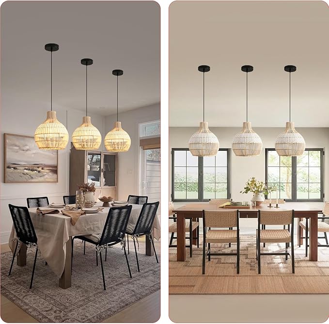 3 Pack Rattan Pendant Light Fixture Mini Hand-Woven White Rattan Chandelie,11Inch Boho Wicker Hanging Lamp for Dining Living Bedroom Kitchen Farmhouse