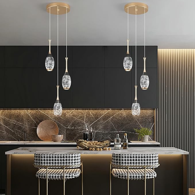 Modern Black Gold Pendant Light Dimmable LED Ceiling Light Fixtures Mini Teardrop Crystal Pendant Lighting for Kitchen Island Bedroom Hallway Entryway (3 Light，Champagne Gold)