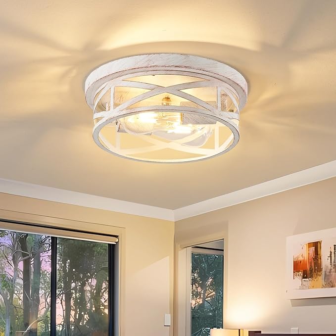 Indoor Flush Mount Ceiling Light Fixtures, 2-Light Cage Cross Close to Ceiling Mount Lights, E26 Base Vintage Hanging Lights for Kitchen Bedroom Living Room, White and Gold