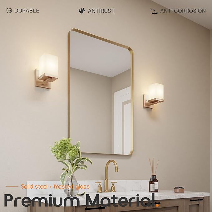 Wall Sconce Over Mirror Champagne Bronze Bathroom Vanity Lighting Fixtures with White Frosted Glass, Wall Lamps for Porch Entrance, 2 Pack T003CPG-L1-P2