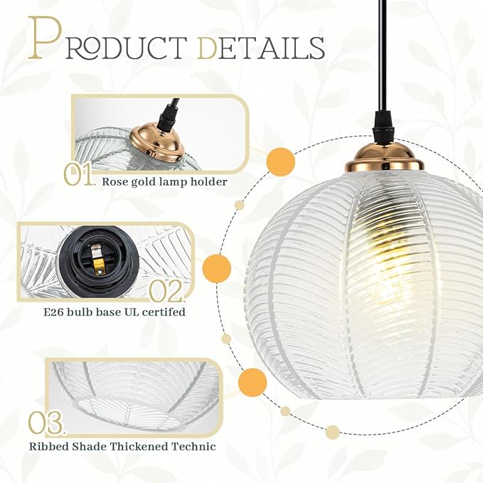 Plug in Pendant with 14.75ft Cord On/Off Switch, Swag Lamp Clear Glass Globe Shade Vintage Pendant Light Plug in Hanging Light for Kitchen Island Dining Room Bedroom
