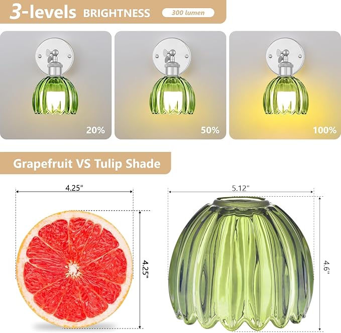 Vintage Battery Operated Wall Sconce, Green Tulip Glass Lampshade Wireless Rechargeable Battery Powered LED Wall Light with Remote Dimmable for Bedside Bedroom Living Room, Silver, Set of 2