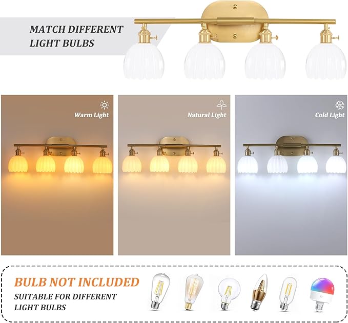 Shenmoyl Bathroom Light Fixtures, 4-Light Brass Vanity wall Light Over Mirror with White Tulip Glass Shade for Bedroom Living Room (Bulb Not Included)