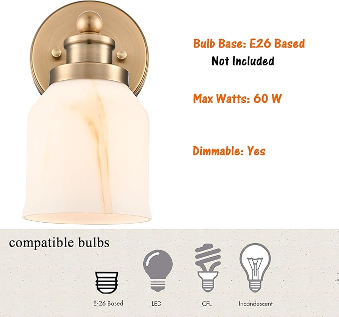 HYDELITE Vintage Wall Sconce Gold Vanity Light with Bell-Shaped Glass Indoor Brass Wall Light for Bathroom Living Room Bedroom Hallway Washroom E26 Base
