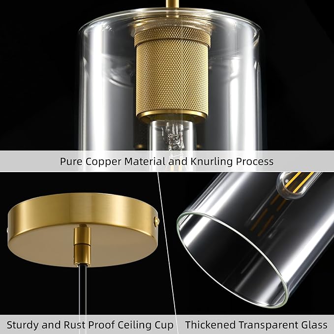Modern Gold Glass Pendant Light: Cylinder Clear Glass Pendant Light over Kitchen Island Set of 2 - Simple Brass Hanging Lights with Short Tube - Height Adjustable Pendants Lighting Fixture for Bedroom