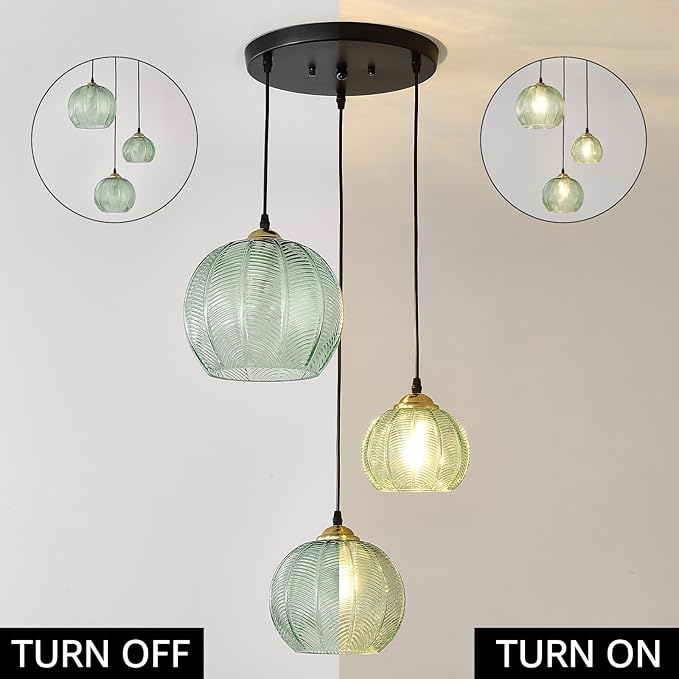 3-Light Glass Globe Light for Kitchen Island, Mid-Century Modern Pendant Ball Chandelier with Green Ribbed Lampshade, Vintage Hanging Ceiling Light Fixture for Dining Room, Over Sink, Table
