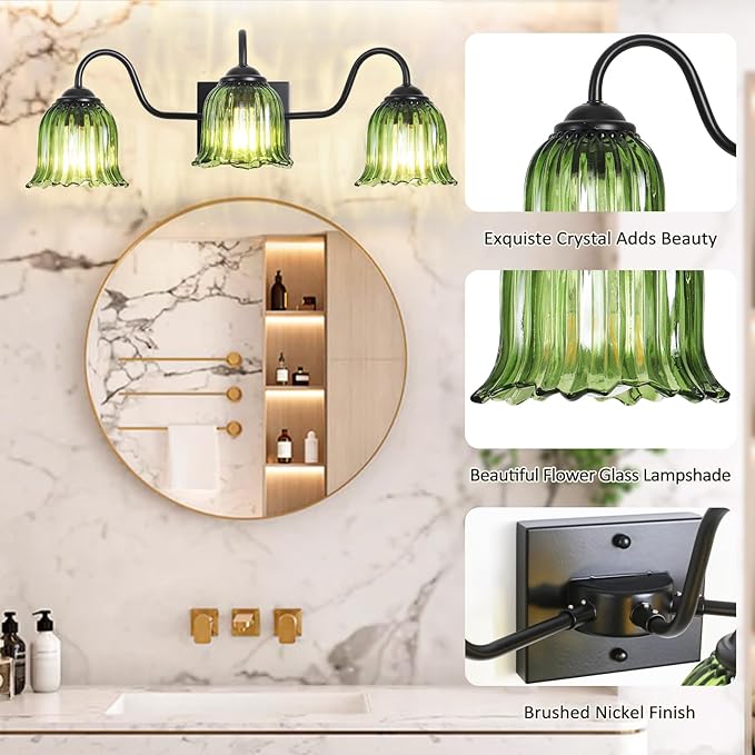 Vintage Bathroom Light Fixture, Black 3-Light Vanity Light Fixtures with Crystal Green Shades, Matte Vanity Lighting Fixture Modern Wall Sconces for Bedroom Dressing Room Living Room