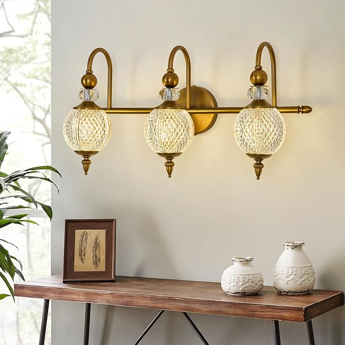 Vintage Vanity Light 3 Lights Gold Bathroom Light Fixtures Over Mirror with Acrylic Globe Shade