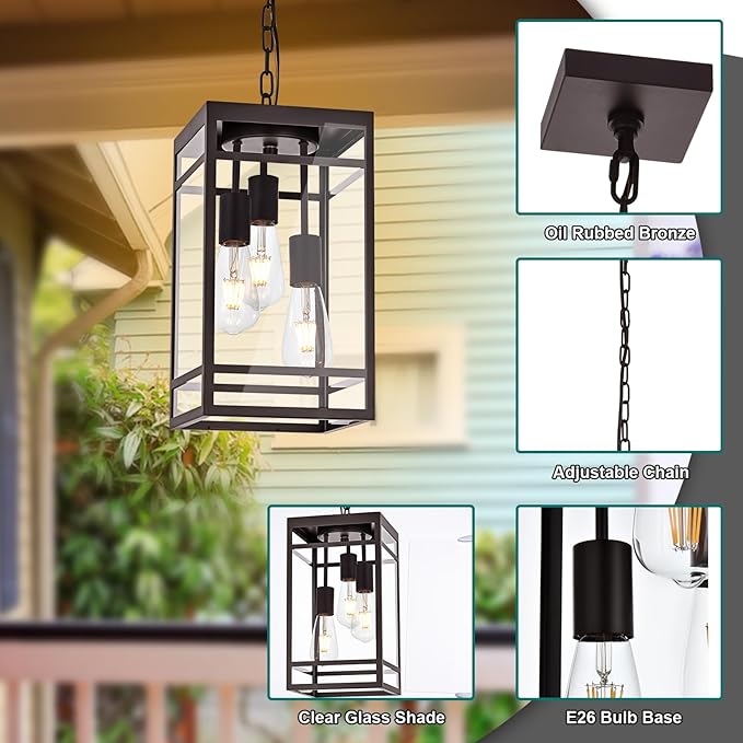 Large Outdoor Pendant Light Fixture for Porch, Oil Rubbed Bronze Outdoor Hanging Lantern Pendant Light with Clear Glass, 3 Lights Exterior Porch Chandelier for Outside Patio,Front Door,Enterway