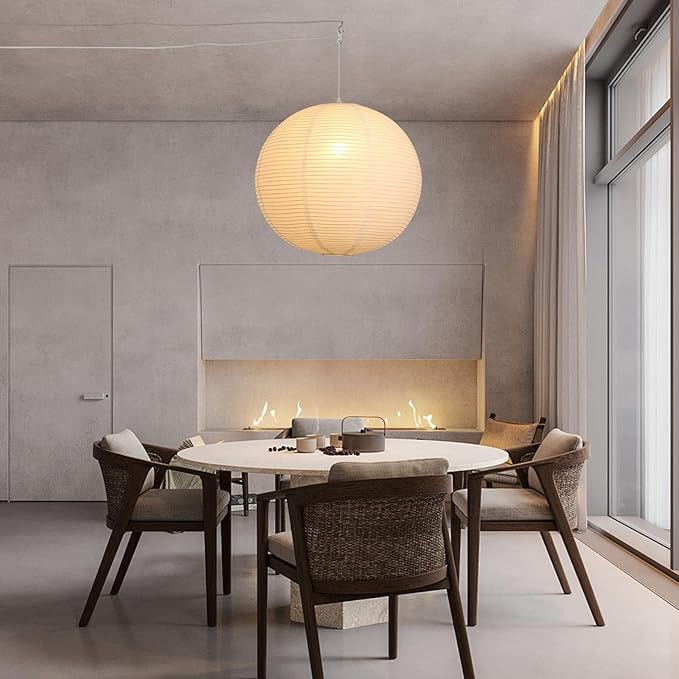 Paper Lantern Lamp Plug in Hanging Lamp, 20in White Rice Paper Pendant Light with 19.7FT Cord Large Globe Japanese Japandi Wabi Sabi Chandelier for Dining Living Room Bedroom Office 2 Pack