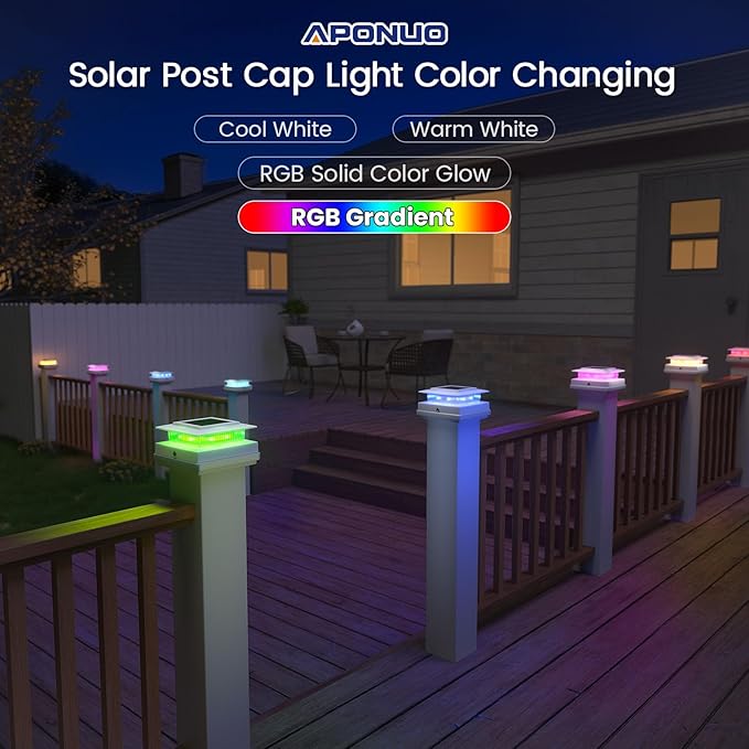 APONUO 12 Pack Solar Post Cap Lights Color Changing - 8 Solid Colors & Flowing Multicolor, IP65 Waterproof for 4x4 Wood/Vinyl Posts, Auto On/Off Deck Fence Patio Garden Lighting, White