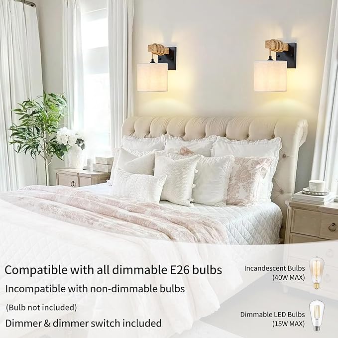 Boho Wall Sconces Set of Two, Hardwired Farmhouse Fabric Wall Lamps with Wooden Arm & On/Off Dimmable Switch,Rustic Indoor Wall Mount Light Fixtures for Bedroom Nursery Living Room Bathroom