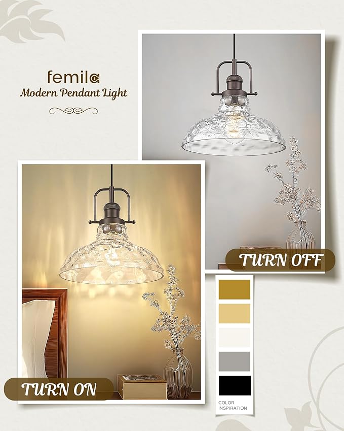 FEMILA Water Ripple Glass Pendant Light, 11" Modern Pendant Lighting for Kitchen Island, Adjustable Hanging Light Fixture, Oil Rubbed Bronze, Farmhouse Island Lights for Kitchen, 4FY09-MP ORB-WG-2