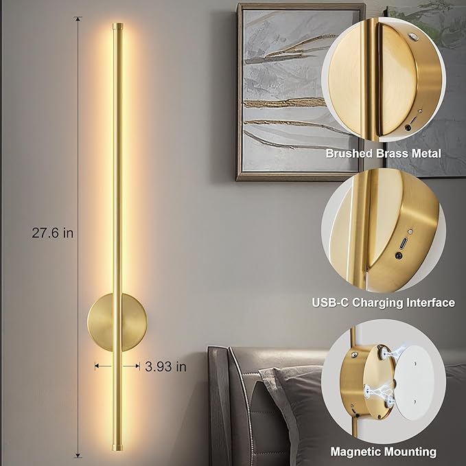 Battery Operated Modern Wall Sconces Set of Two,Rechargeable Wireless Wall Lights with Remote Control,Dimmable,3CCT,Timer,360°Rotation,Cordless Lighting for Bedroom,Living Room,Hallway,Brass,27.6 Inch