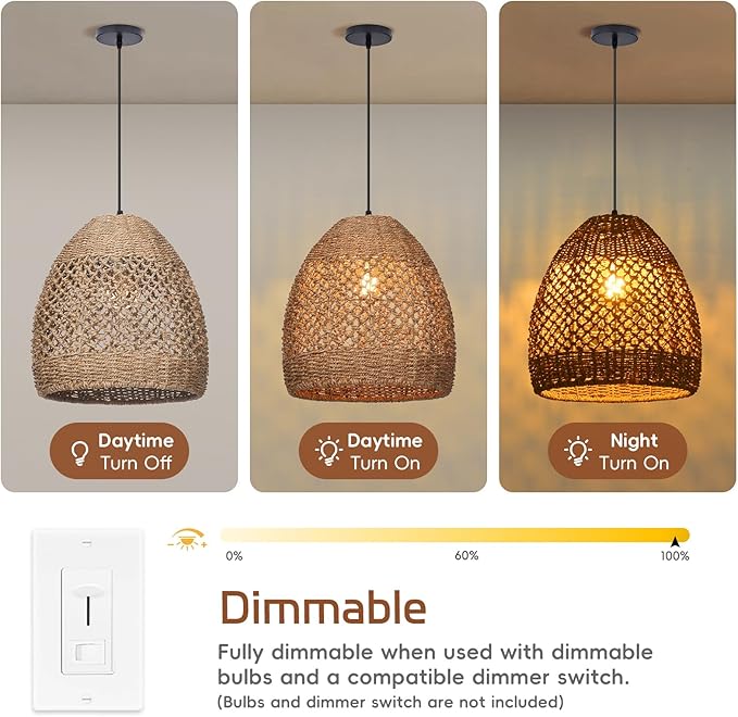13.7" Boho Rattan Chandelier Light Fixture, 1-Light Hand Woven Coastal Ceiling Pendant Lights Kitchen Island Farmhouse Hanging Lamp for Dining Room, Bedroom, Living Room, Entryway, Foyer