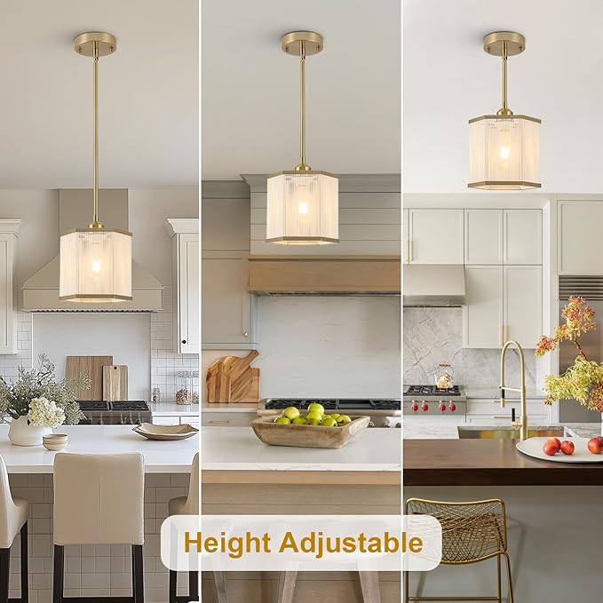2-Pack Gold Woven Pendant Lights, 7.67" Mini Boho Rattan Hanging Pendant Light Fixtures, Modern Hexagonal Island Lights for Kitchen Island, Foyer, Hallway, E26 Base, Brass