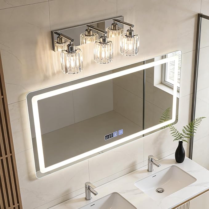 Brushed Chrome Crystal Bathroom Vanity Light, 3-Light Modern Bathroom Lighting Fixtures Over Mirror,Chrome Wall Sconce Light Fixtures with Round Shade