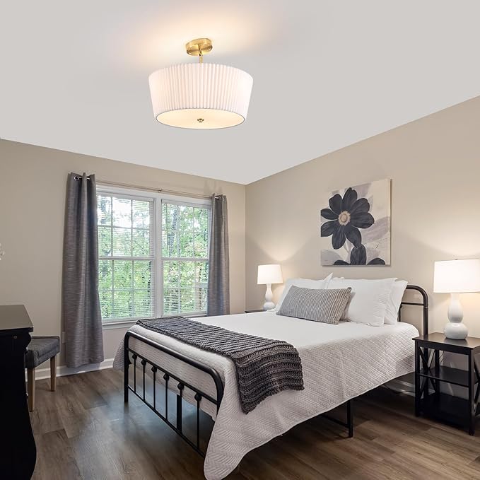 Gold Semi Flush Mount Ceiling Light, 3-Lights Modern Cone Drum Light Fixture with White Pleated Fabric Shade 17.71” Close to Ceiling Lights Fixture for Nursery Hallway Bedroom Living Room