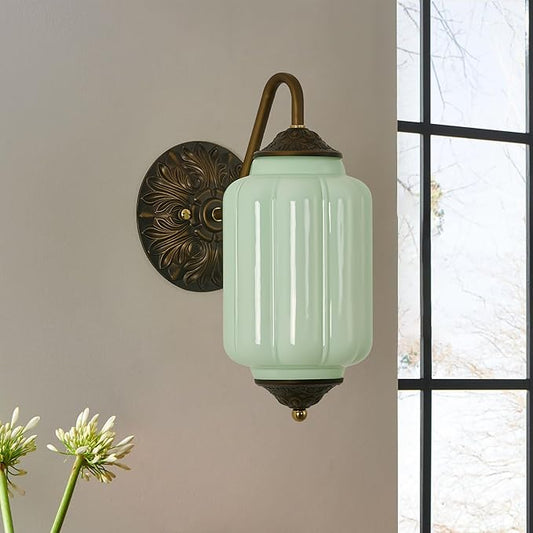 Vintage Milk Glass Wall Sconce - Green Dimmable Indoor Wall Lighting with Bulb - Antique Embossed Brass Gold Sconces - Mid Century Vanity Light Fixture for Bathroom Bedroom Living Room Hallway Decor