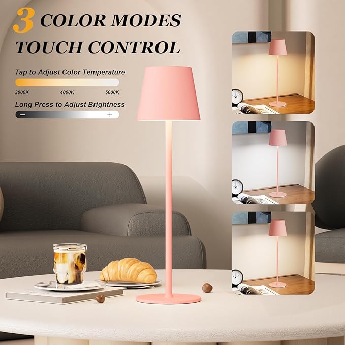 Kakanuo Cordless Table Lamp Rechargeable Pink - KK 2 Pack 5000mAH Battery Operated Lamp for Counter, 3 Color Stepless Dimming Wireless Lamp for Dining Kitchen, Outdoor Patio, Touch Control