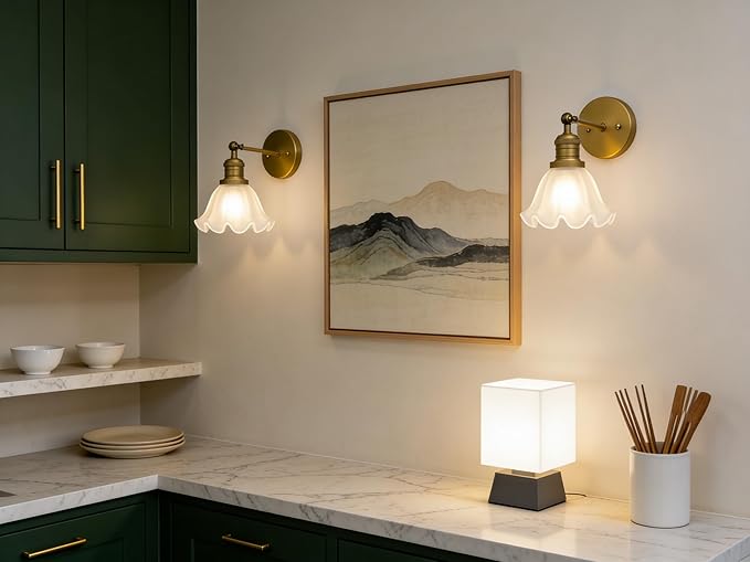 Phansthy Vintage Wall Sconces with Frosted Glass Lampshade 180 Degree Adjustable Brass Sconces Modern Glass Wall Lighting Fixture for Bedside Bedroom Doorway Bathroom (Antique)